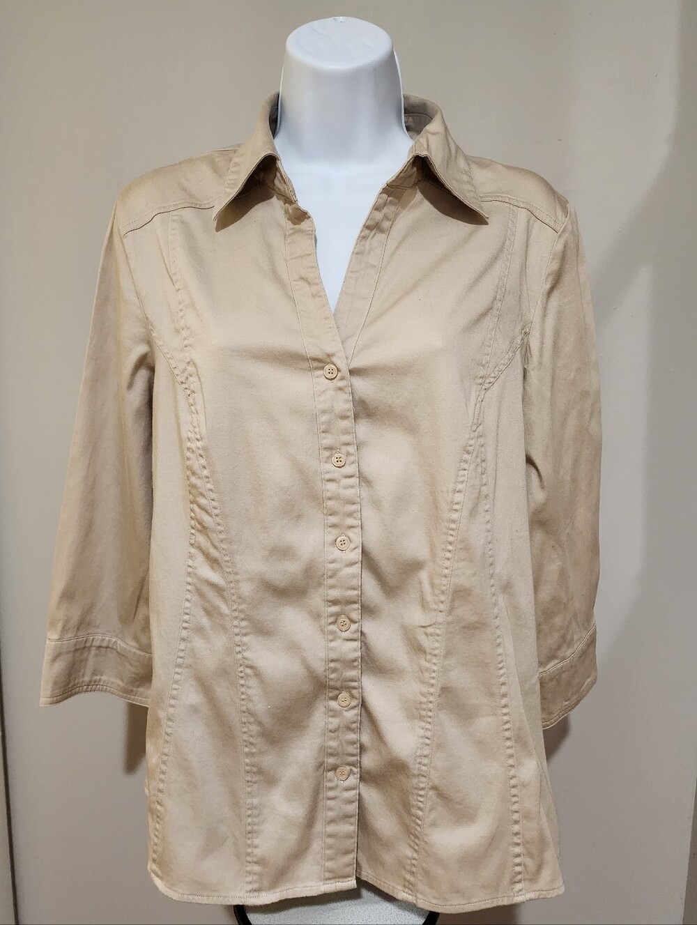 COMO Stretch Tan Khaki Button Down Blouse Top Sz L